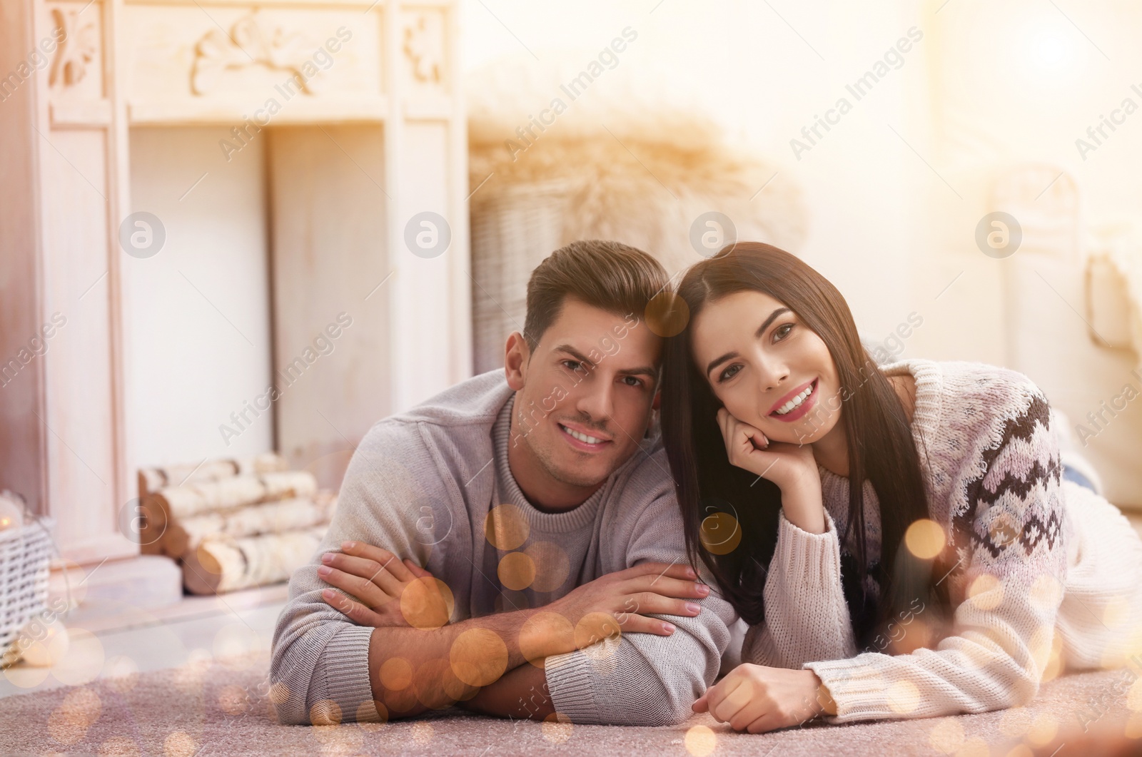 Image of Happy couple spending time together at home. Winter vacation