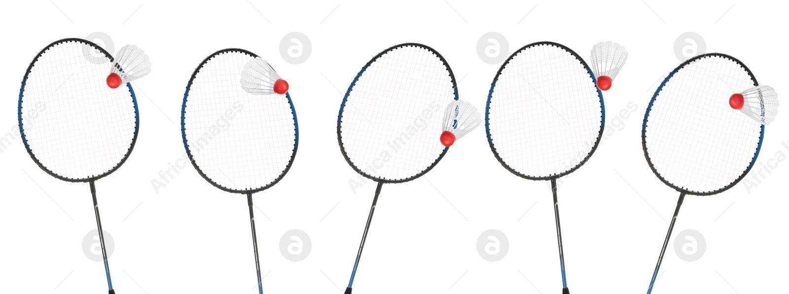 Image of Set with badminton rackets and shuttlecocks on white background. Banner design