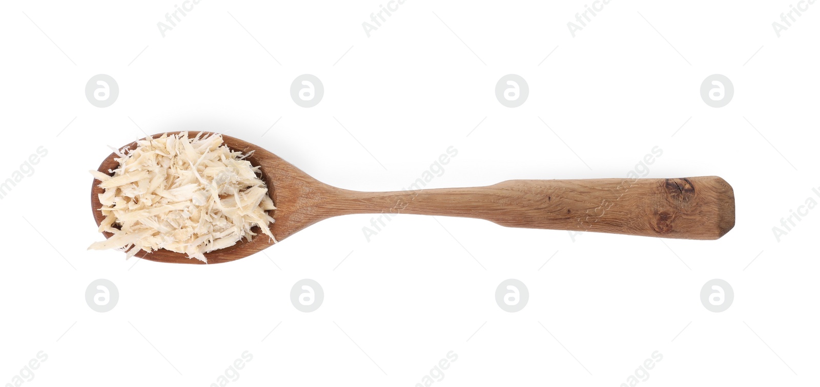 Photo of Spoon with grated horseradish isolated on white, top view