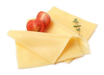 Slices of tasty fresh cheese, thyme and tomatoes isolated on white, above view