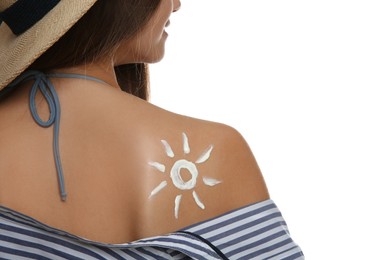 Photo of Teenage girl with sun protection cream on her back against white background, closeup
