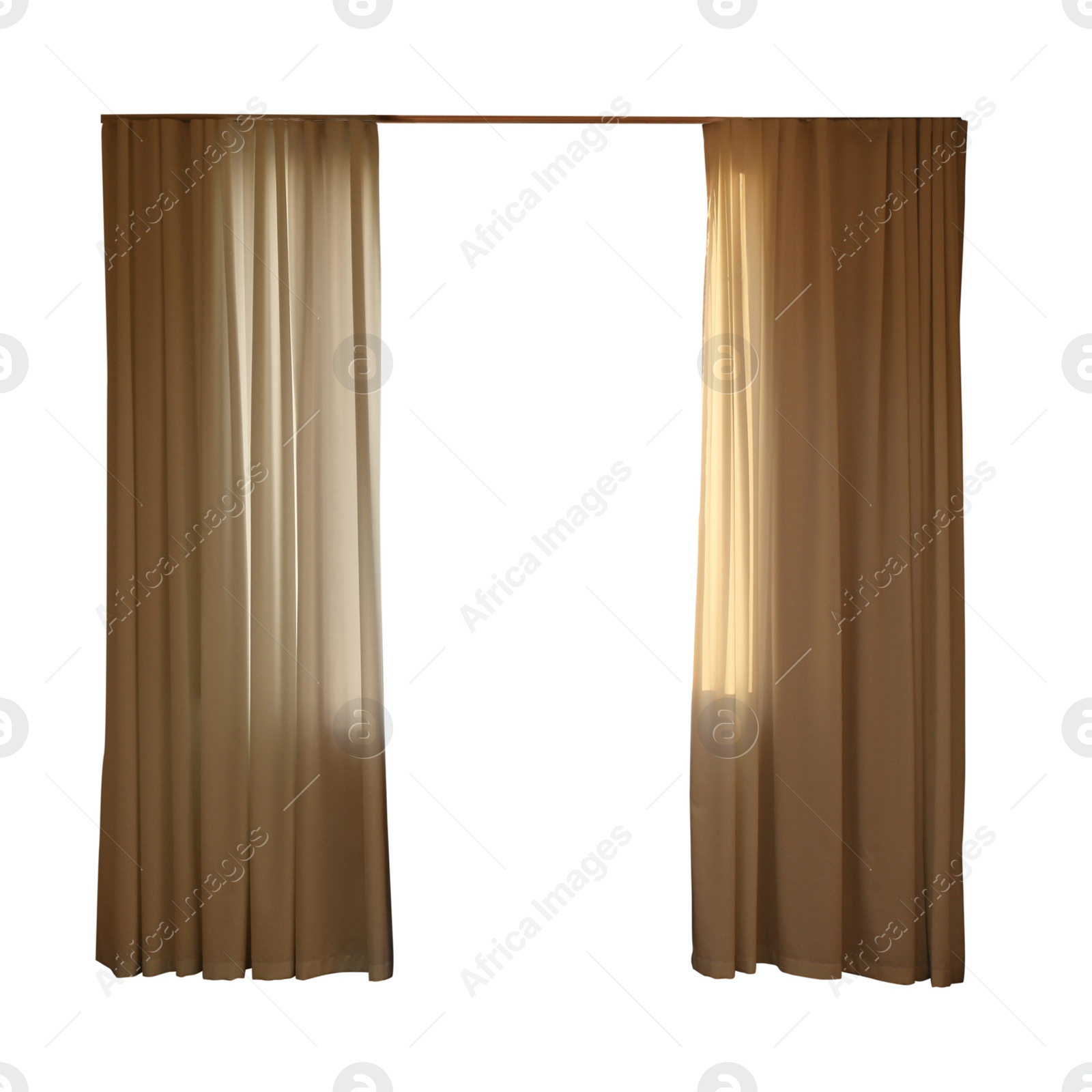 Image of Beautiful elegant brown curtains on white background