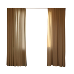 Image of Beautiful elegant brown curtains on white background