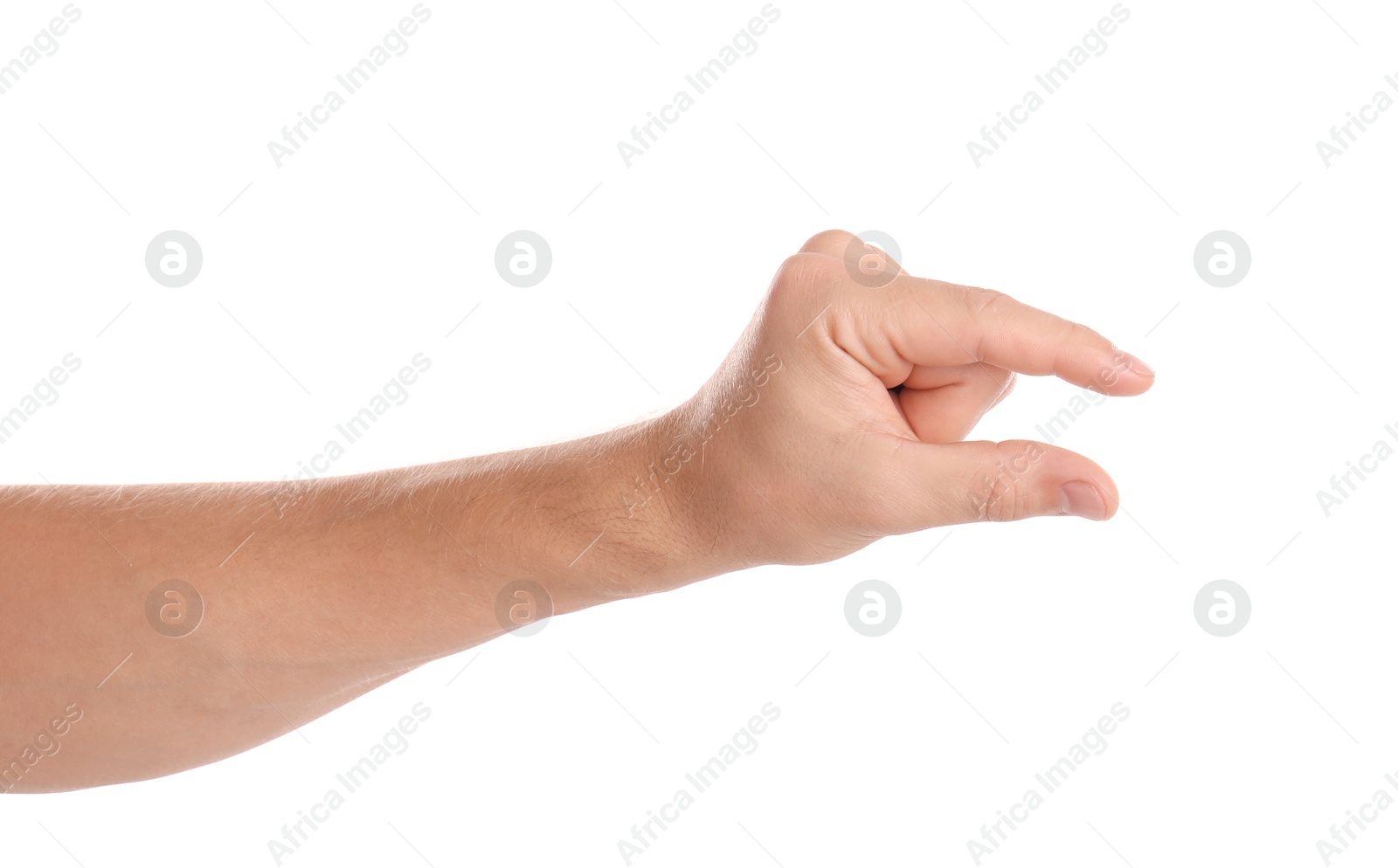 Photo of Man holding something in hand on white background, closeup