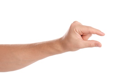 Man holding something in hand on white background, closeup