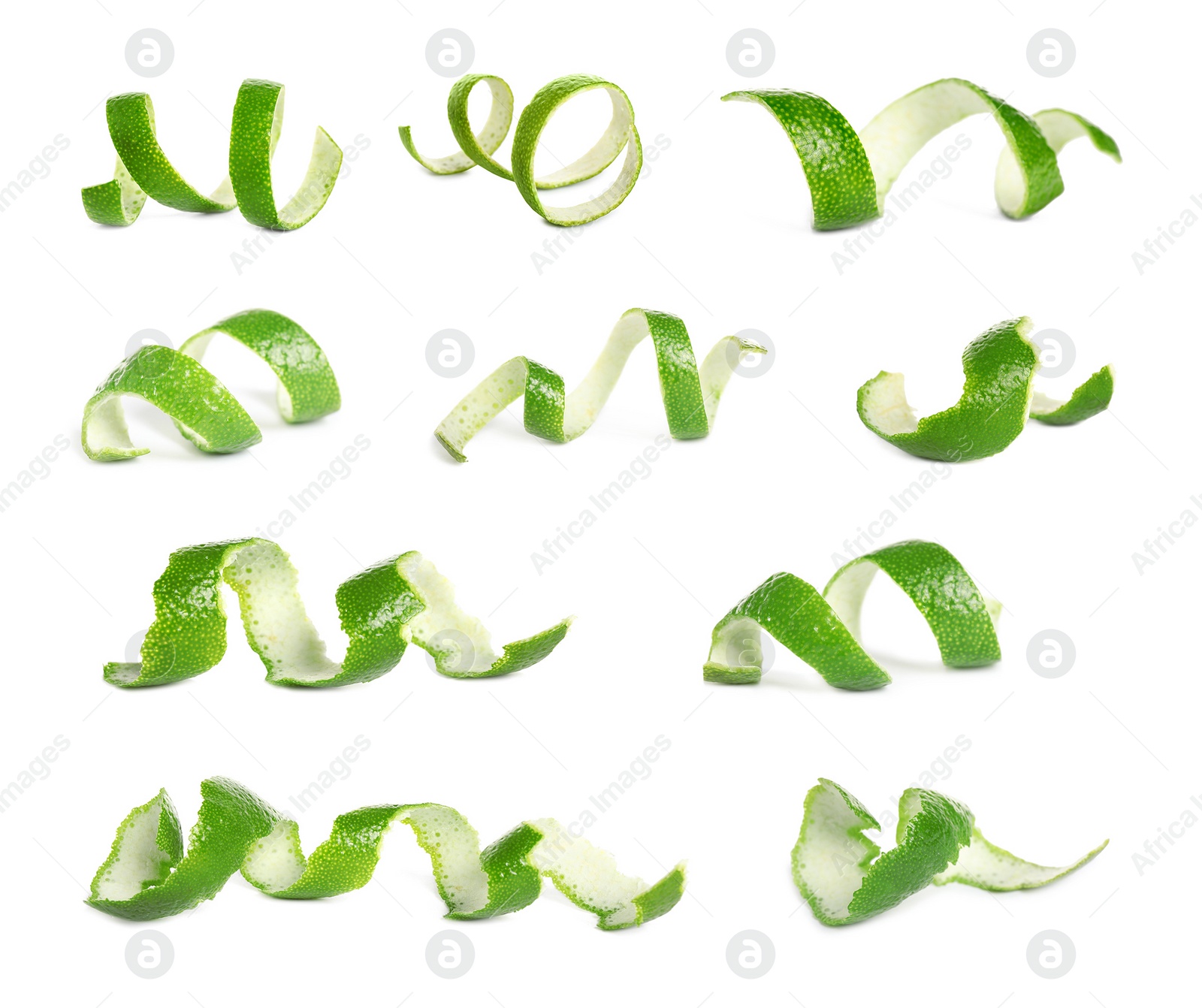 Image of Set of lime peels on white background