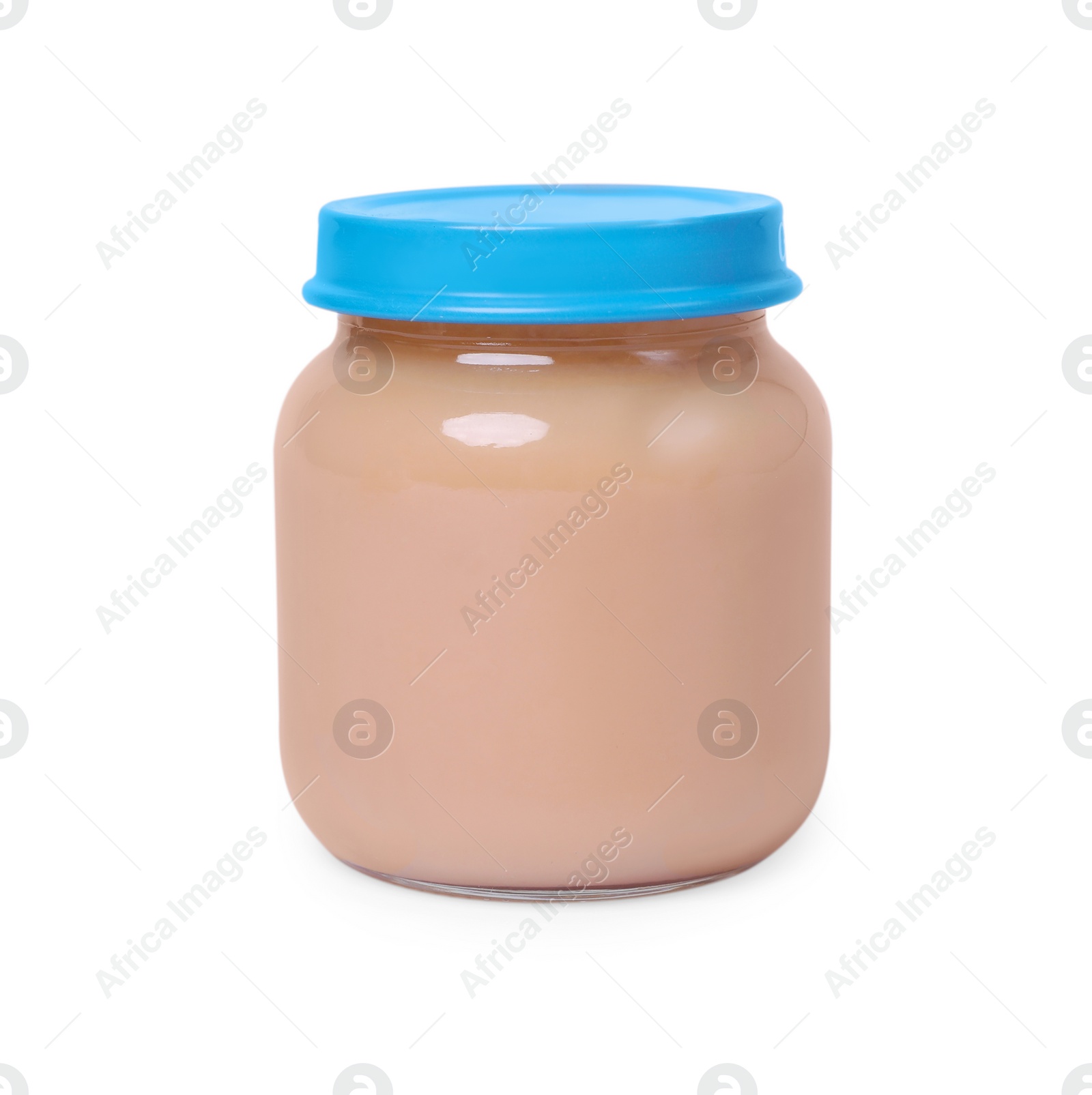 Photo of Glass jar with healthy baby food isolated on white