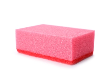 Photo of Cleaning sponge for dish washing on white background