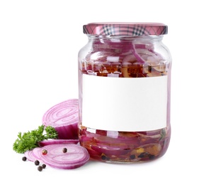 Photo of Jar of pickled onions with blank label isolated on white