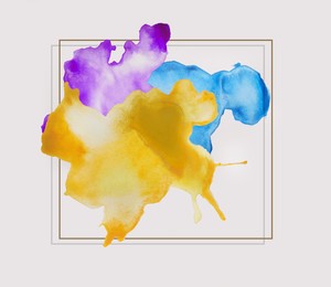 Image of Blots of different watercolor paints and frame on white background