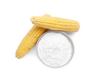 Photo of Bowl of corn starch and ripe cobs on white background, top view