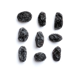 Composition with raisins on white background, top view. Dried fruit as healthy snack