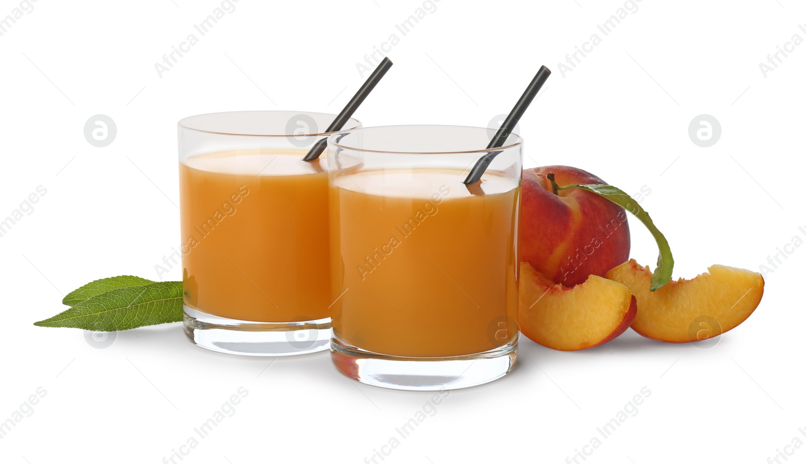 Photo of Freshly made tasty peach juice on white background