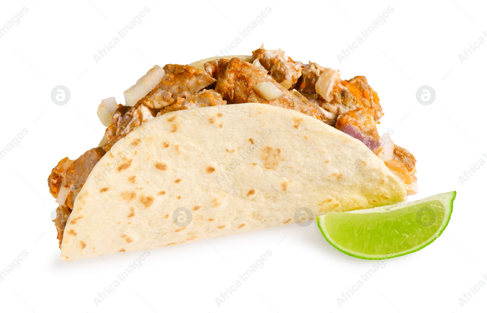 Photo of Delicious taco with meat, onion and lime isolated on white