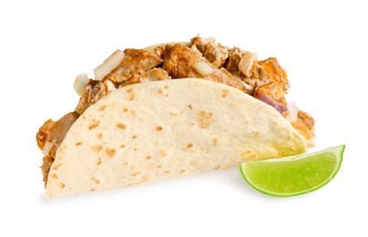 Delicious taco with meat, onion and lime isolated on white