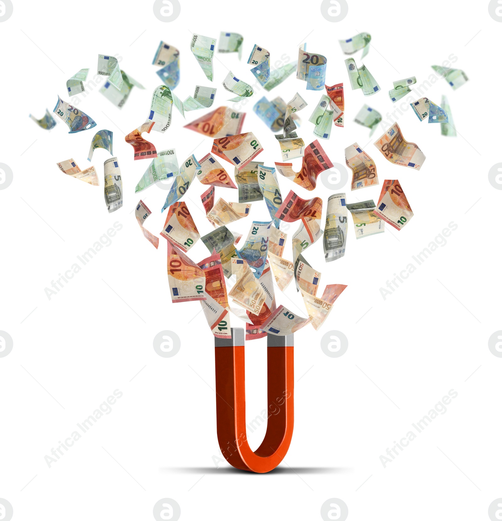 Image of Red horseshoe magnet attracting money on white background