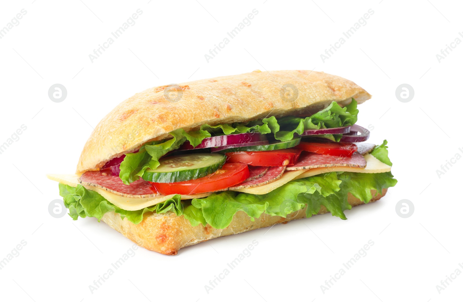 Photo of Delicious sandwich with fresh vegetables and salami isolated on white