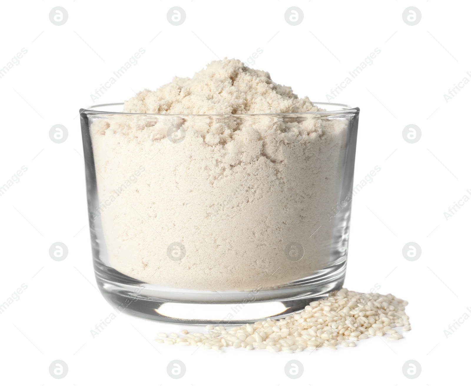 Photo of Bowl of flour and sesame seeds isolated on white