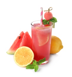 Delicious fresh watermelon drink with fresh fruits on white background