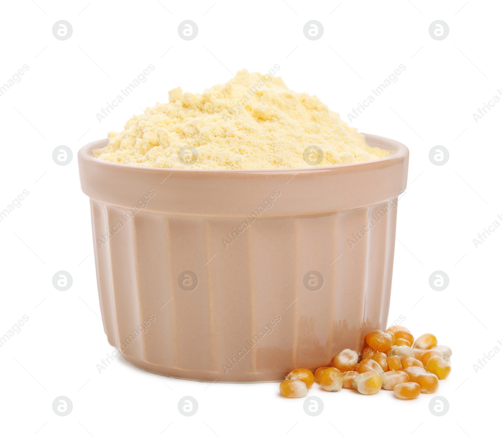 Photo of Bowl with corn flour and grains on white background