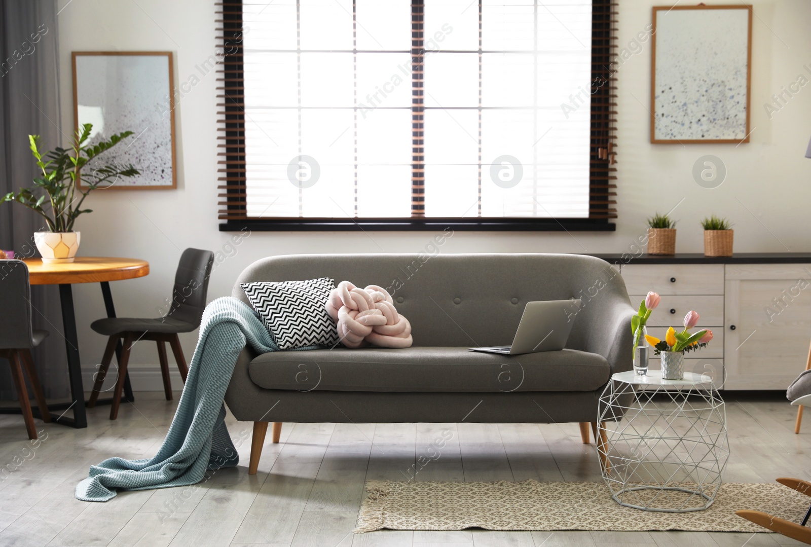 Photo of Interior of cozy living room with grey sofa