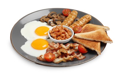 Plate of cooked traditional English breakfast isolated on white