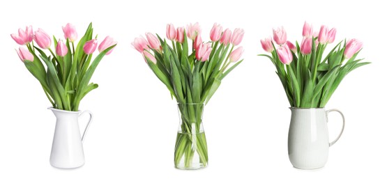 Collage of stylish vases with beautiful tulip bouquets on white background