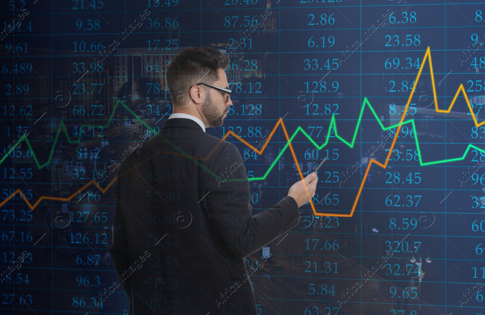 Image of Financial charts, businessman and night cityscape on background. Stock exchange trading