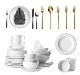 Image of Set with different clean dishware and cutlery on white background