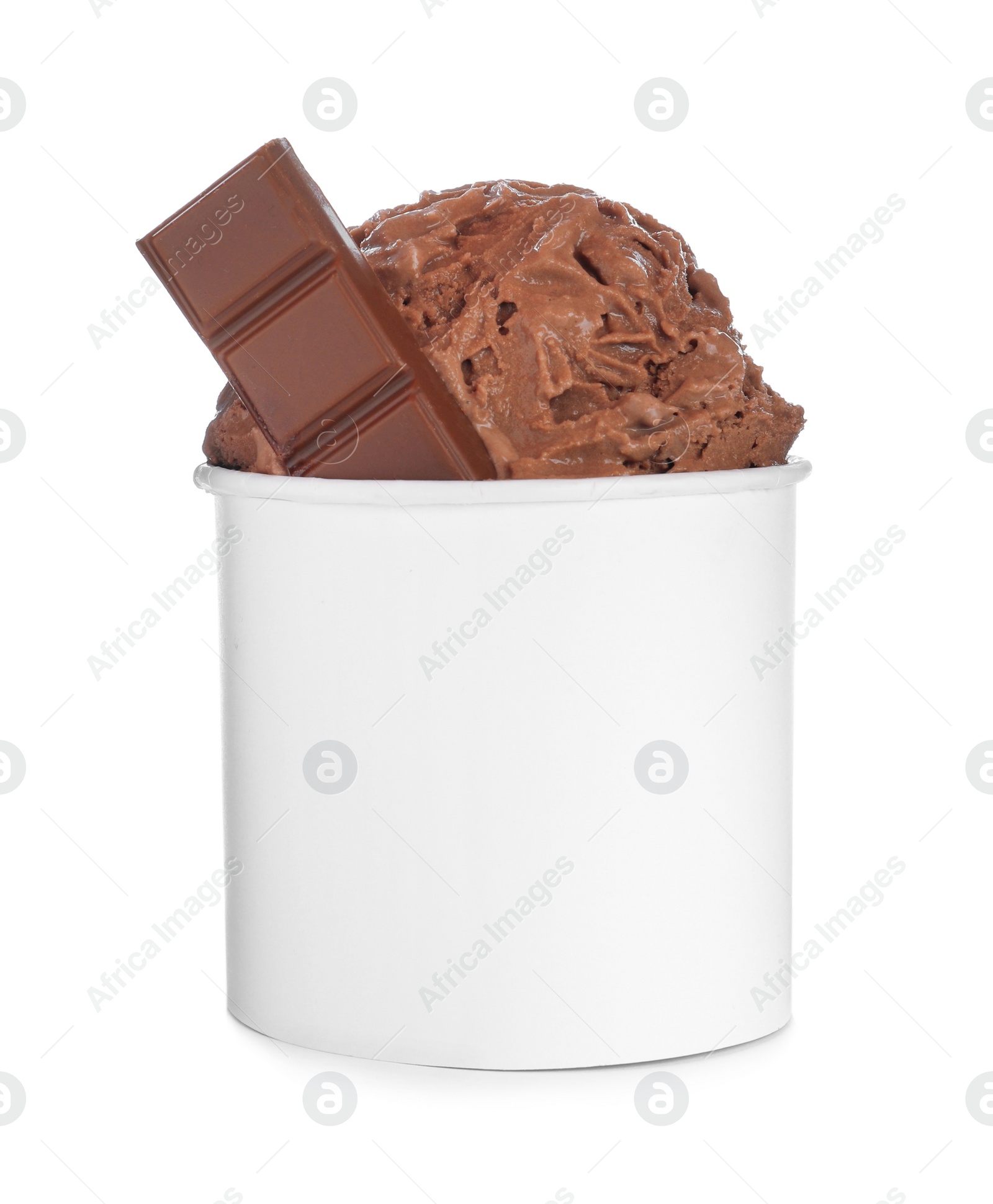 Photo of Delicious chocolate ice cream in paper cup isolated on white