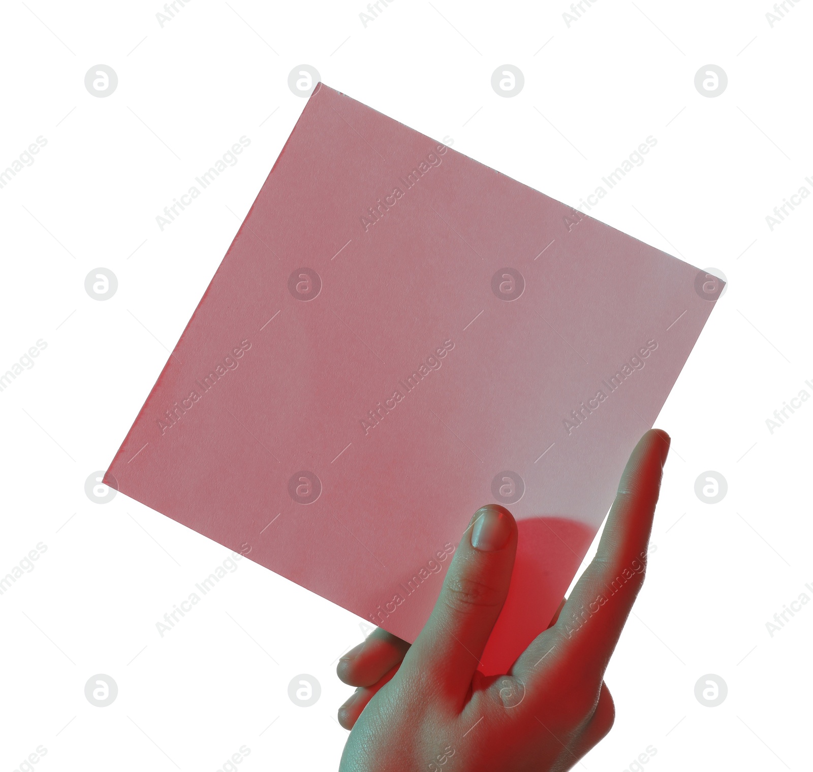 Photo of Man holding sheet of paper on white background, closeup and space for text. Color tone effect