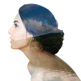 Image of Picturesque landscape and beautiful woman on white background. Double exposure