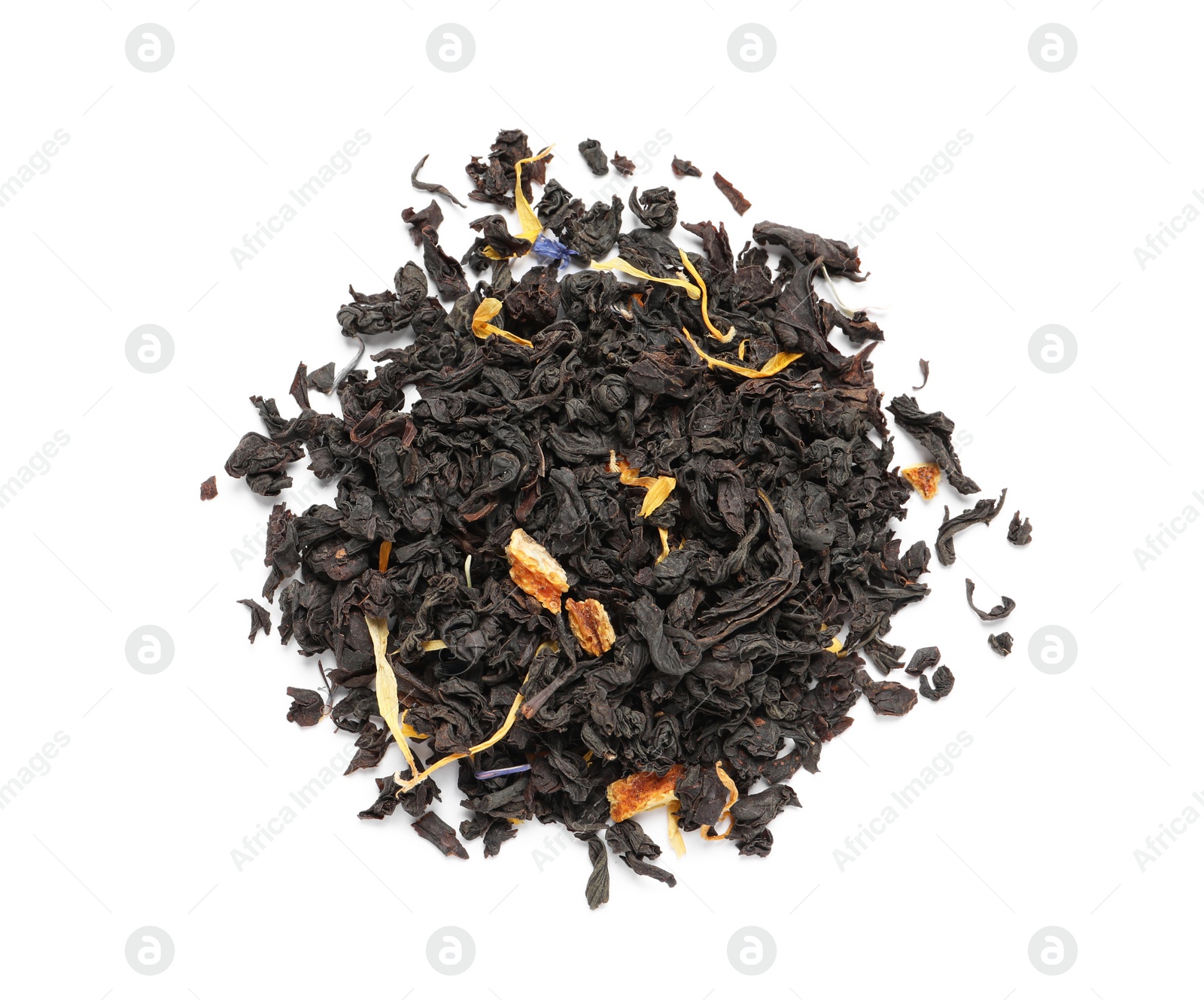 Photo of Pile of dry herbal tea isolated on white, top view