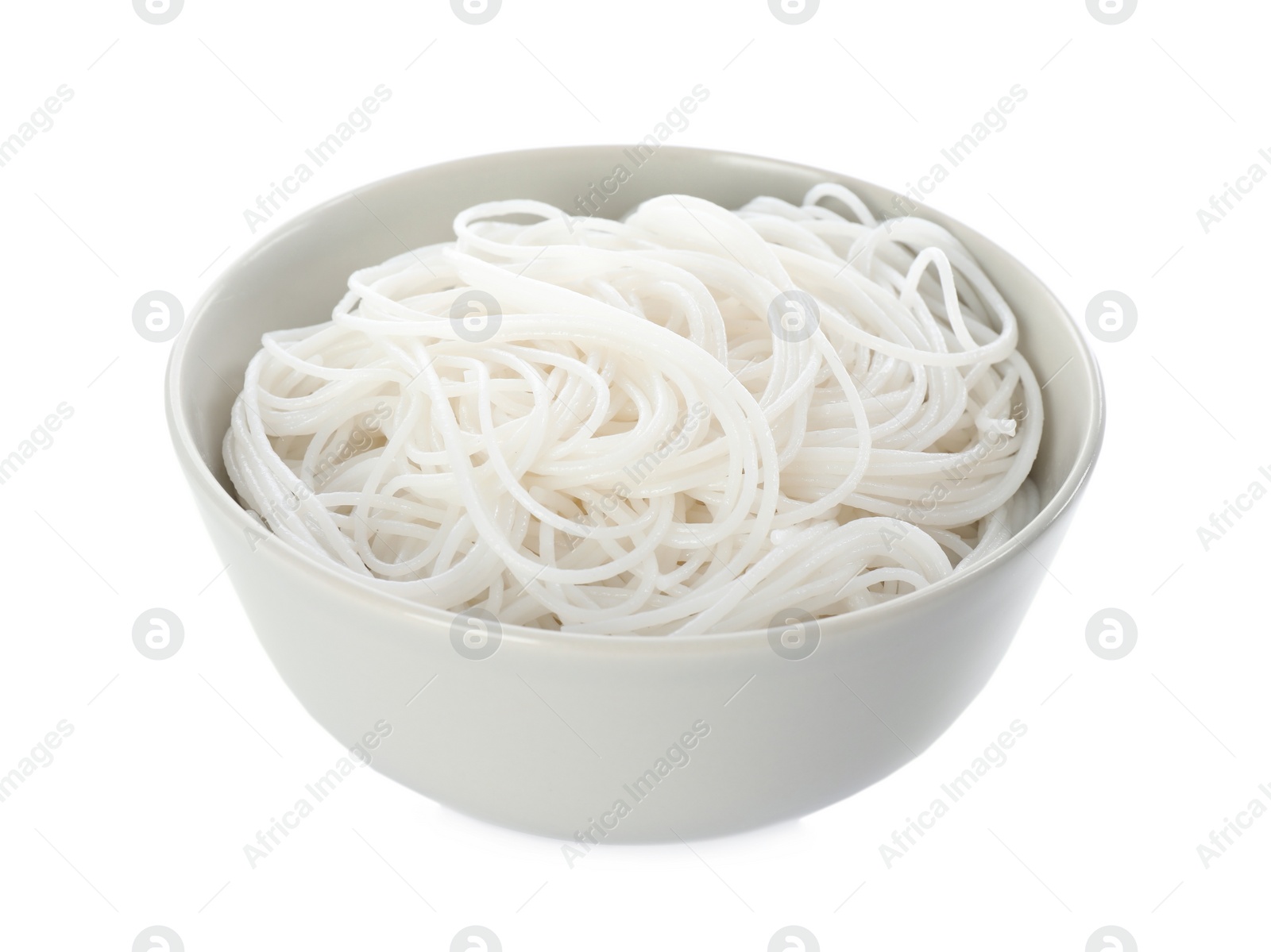 Photo of Bowl with cooked rice noodles isolated on white