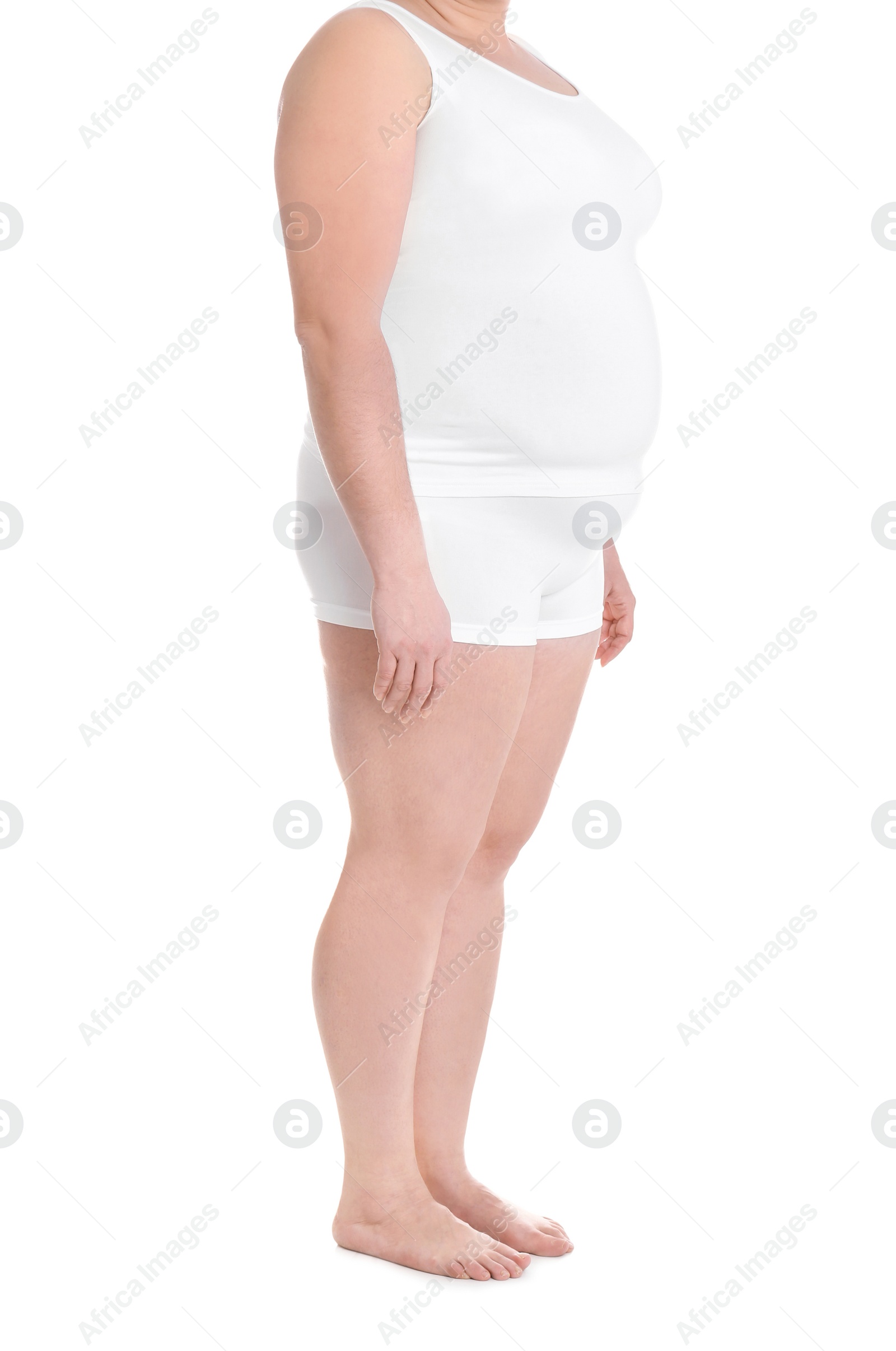 Photo of Overweight woman on white background, closeup. Weight loss