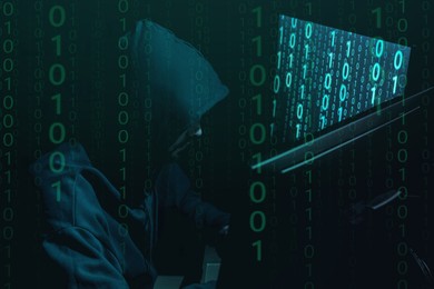 Image of Anonymous man with computers and binary code in darkness