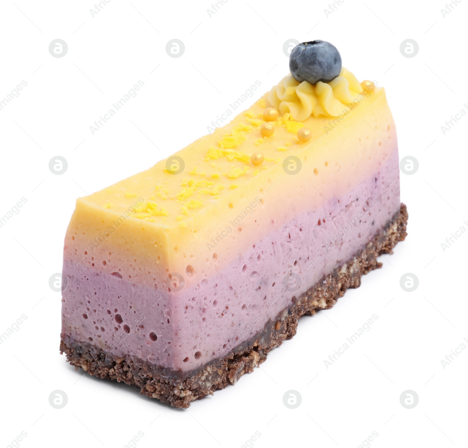 Photo of Piece of delicious cheesecake with lemon and blueberry isolated on white