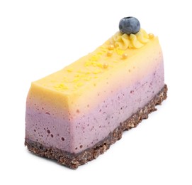 Photo of Piece of delicious cheesecake with lemon and blueberry isolated on white