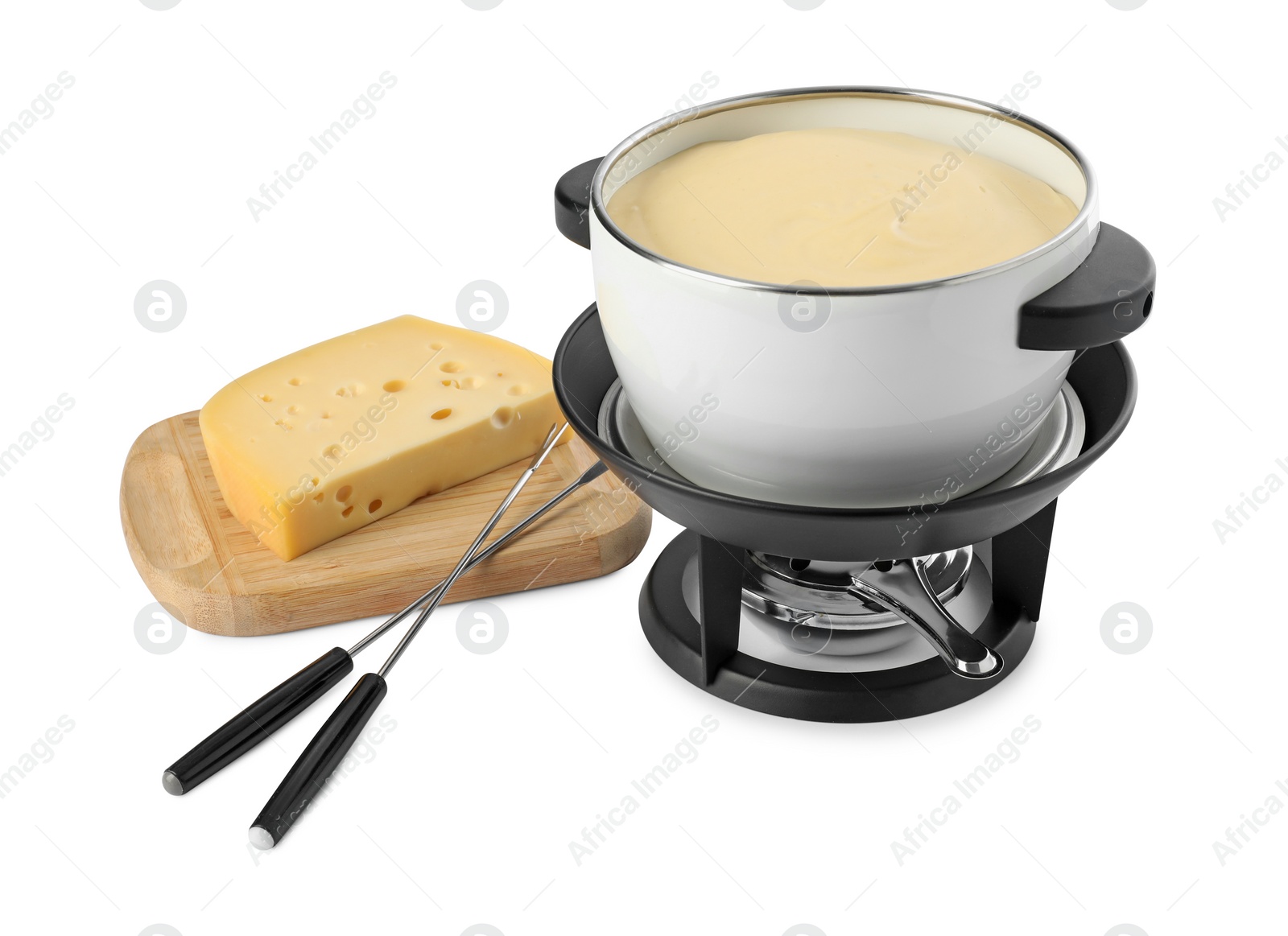 Photo of Fondue with tasty melted cheese, forks and piece isolated on white