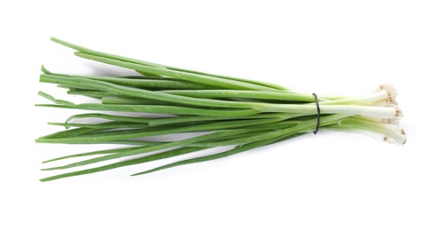 Photo of Bunch of fresh green onions on white background