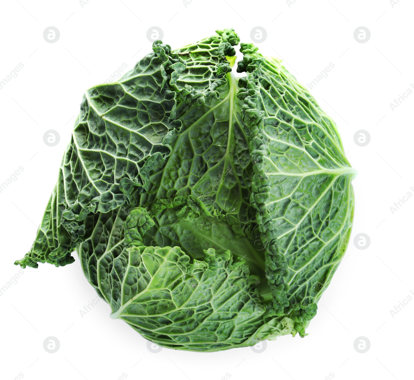 Photo of Fresh ripe savoy cabbage isolated on white, top view