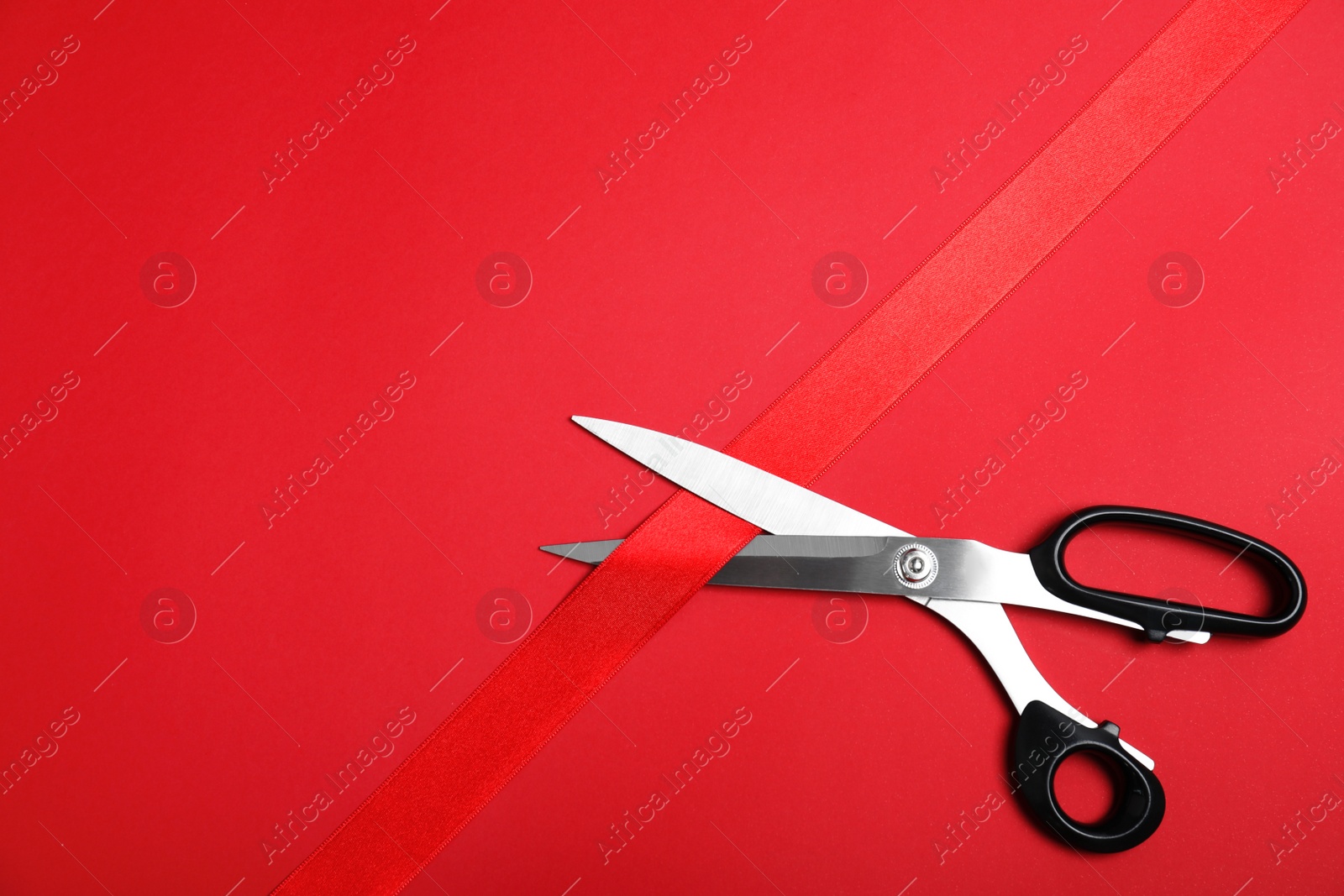 Photo of Stylish scissors and red ribbon on color background, flat lay with space for text. Ceremonial tape cutting