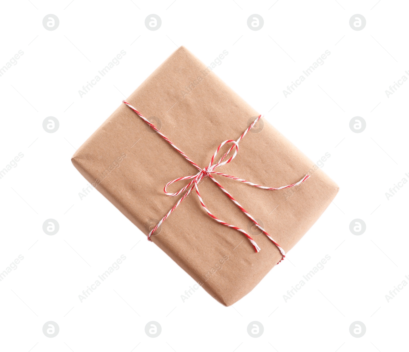 Photo of Beautifully wrapped gift box on white background, top view