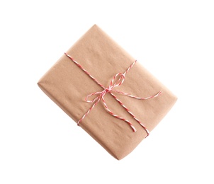 Beautifully wrapped gift box on white background, top view