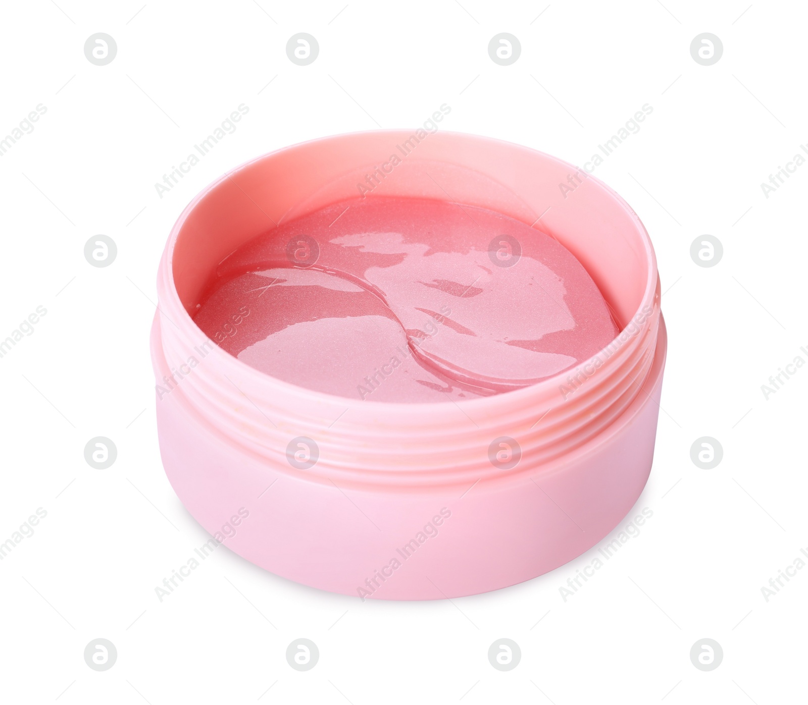 Photo of Under eye patches in jar isolated on white. Cosmetic product