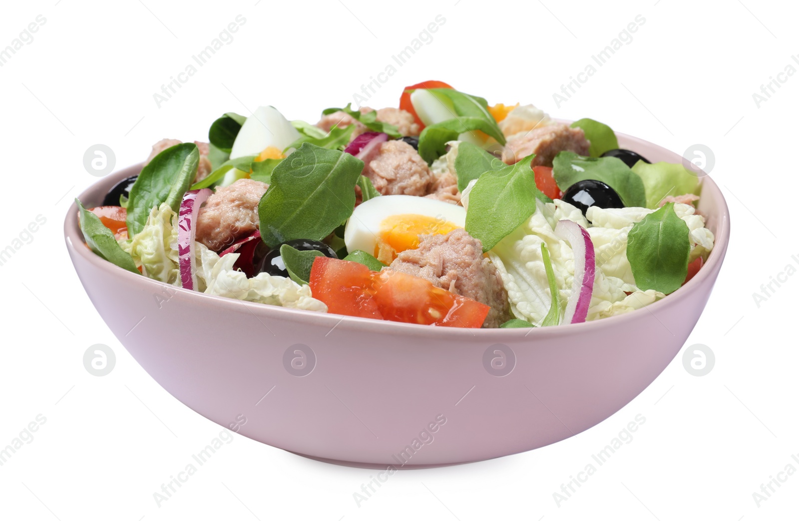 Photo of Bowl of delicious salad with canned tuna and vegetables on white background