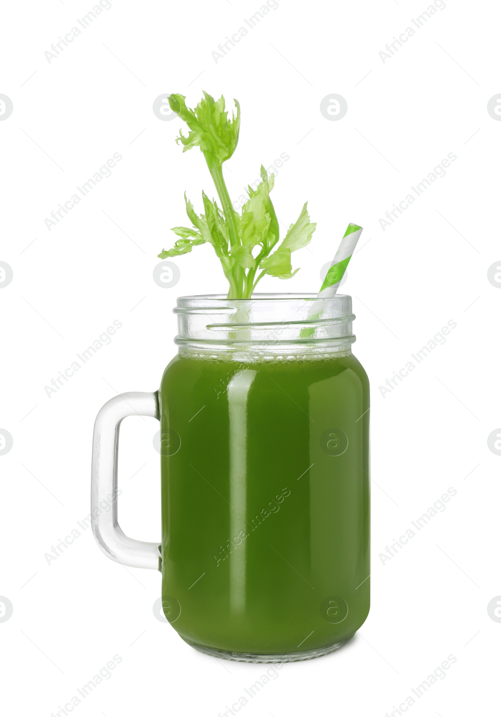 Photo of Fresh celery juice in mason jar on white background