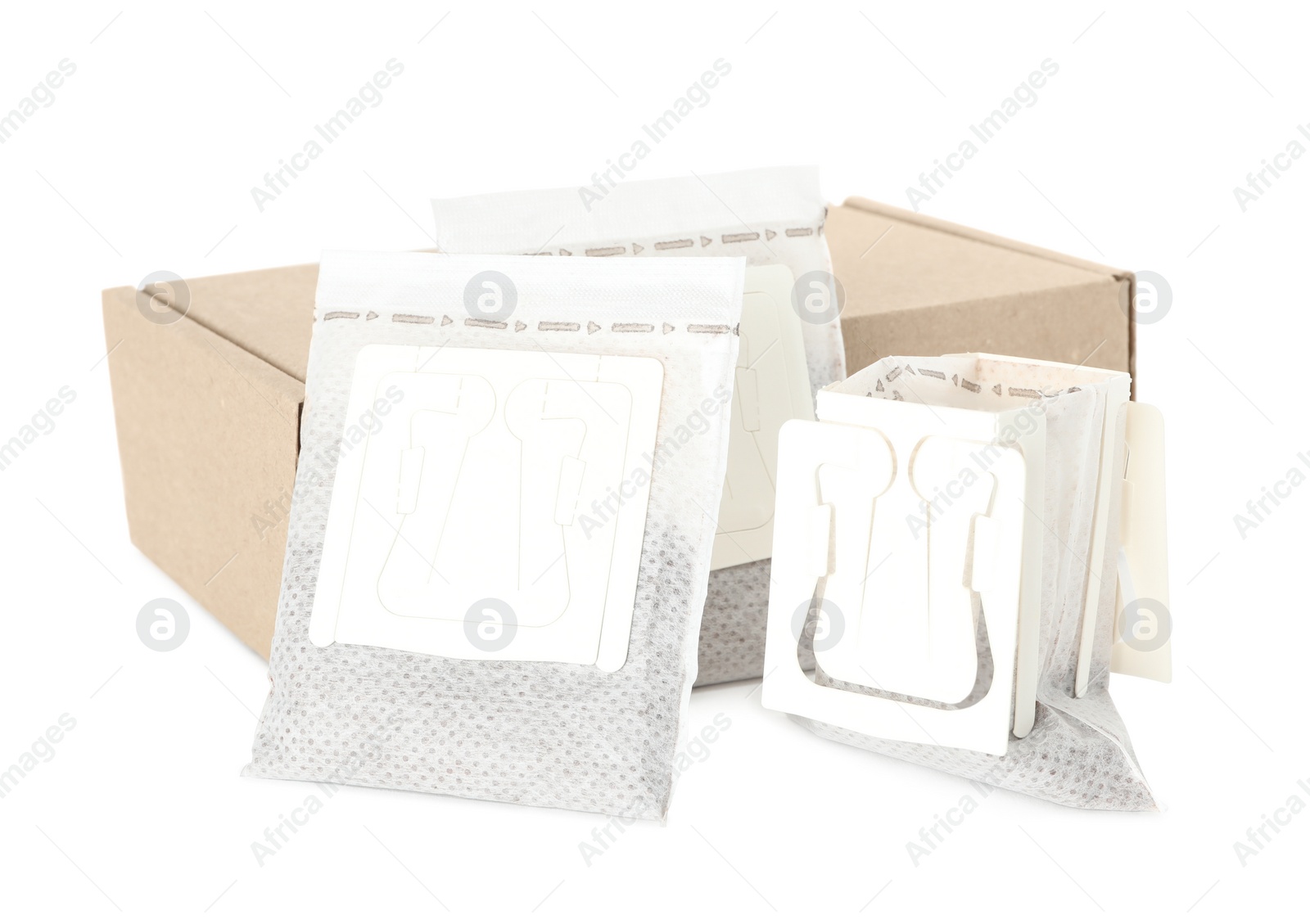 Photo of Drip coffee paper bags and box isolated on white