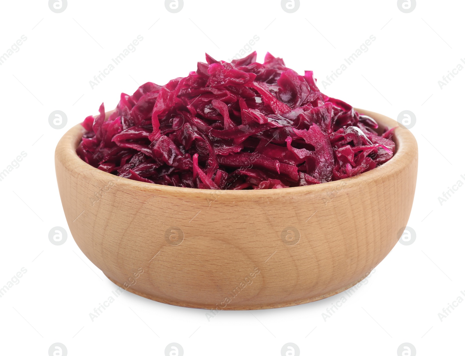 Photo of Bowl of tasty red cabbage sauerkraut isolated on white