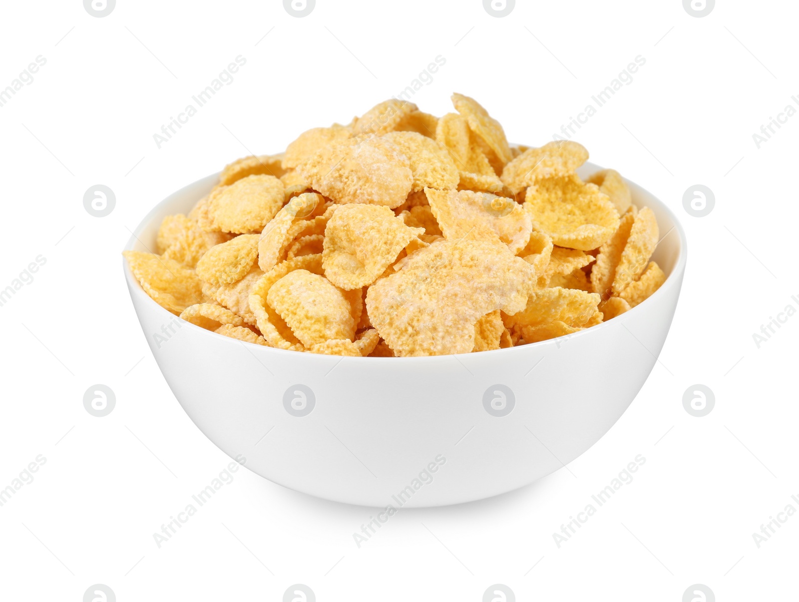 Photo of Bowl of sweet crispy corn flakes on white background. Breakfast cereal